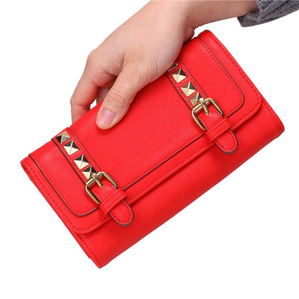 The new solid color long section of the wallet buckle rivets Europe Women's leather wallet