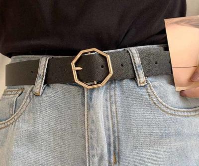 Grainy 3.5cm Wide Women's Fashion Leather Belts Octagon Buckle