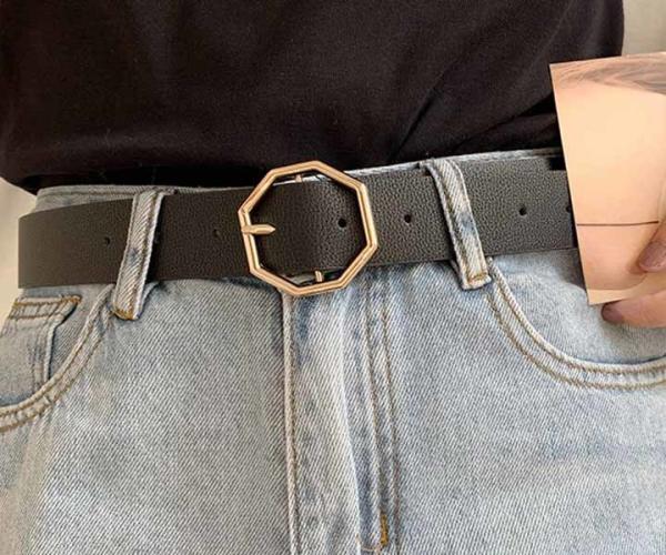 Grainy 3.5cm Wide Women's Fashion Leather Belts Octagon Buckle