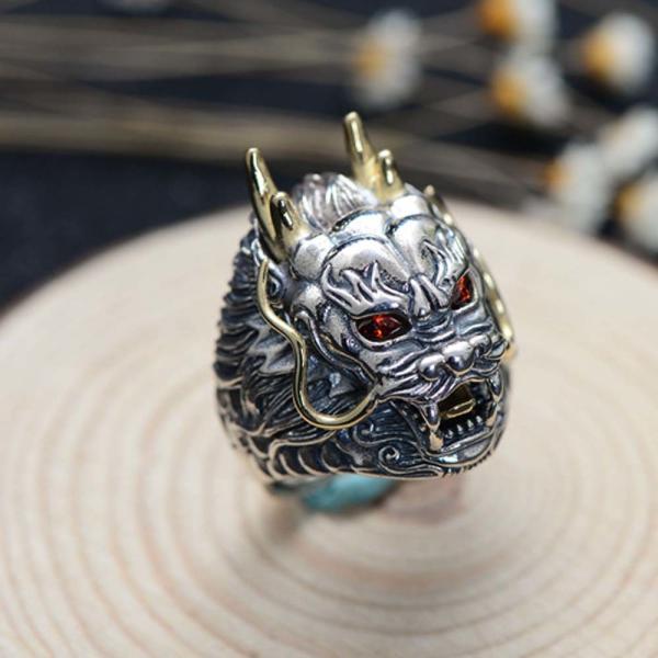 Sterling Silver Brass 2 Tone Dragon Head Engraved Vintage Ring for Men(059118)