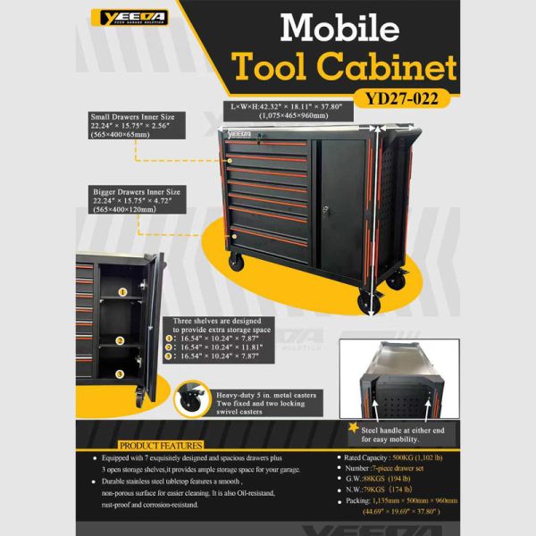 Mobile Tool Cabinet  – Garage/Workshop Use, 500KG Capacity, 7 - Drawer & 3 -elf, Stainless St Sheel Top