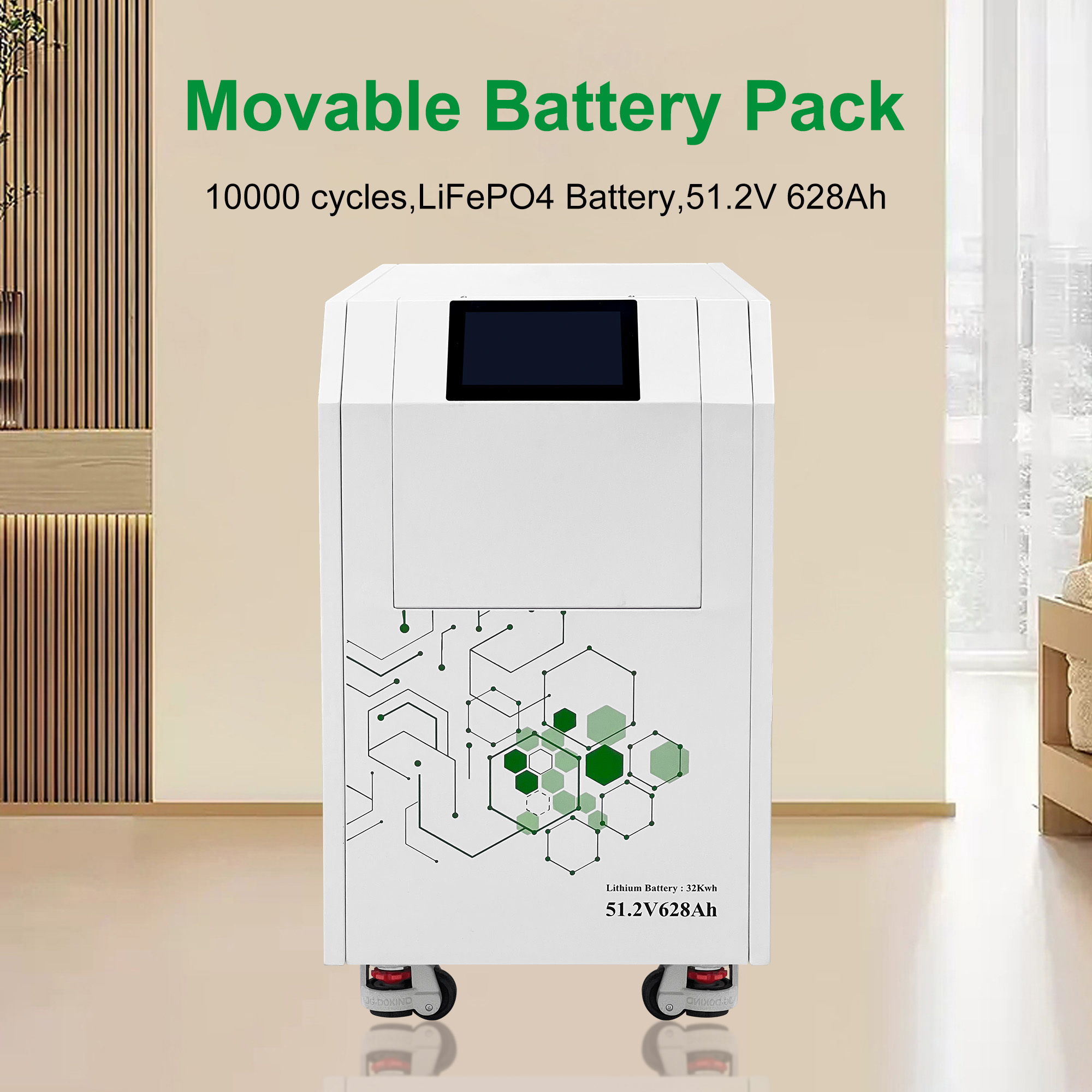 51.2V 628Ah 32kWh Movable LiFePO4 Home Energy Storage Battery with Touch Screen, Built-in BMS, Wheels, CAN RS485 Communication for Residential Solar System