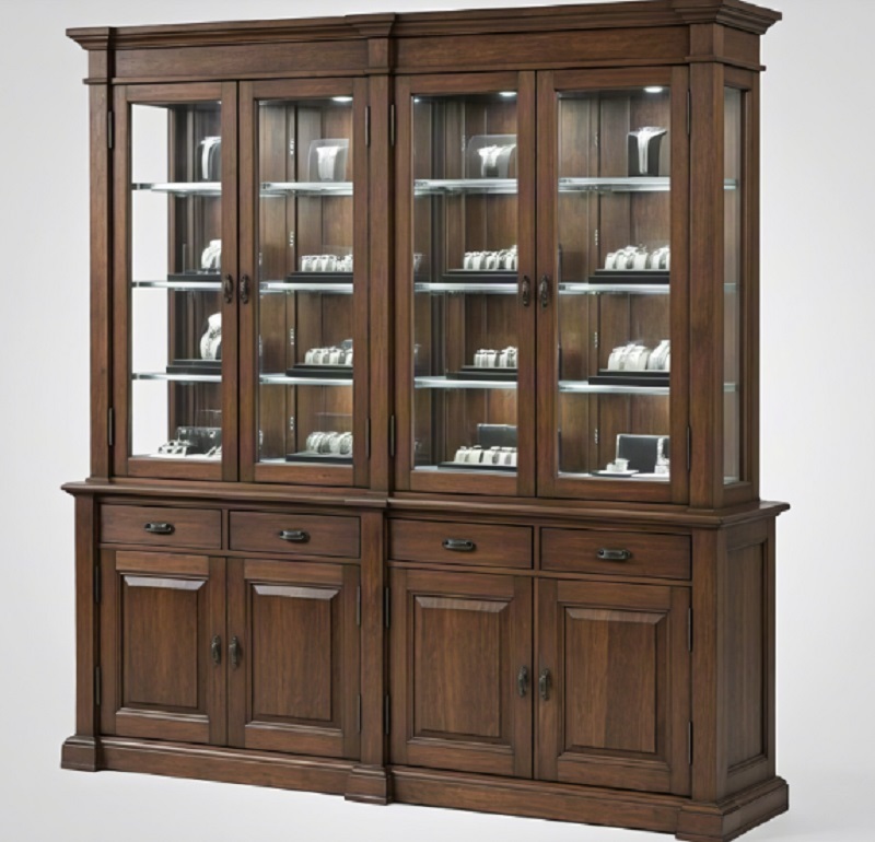 Traditional Solid Wood Jewelry Display Cabinet | Dark Walnut Finish | LED Glass Showcase with Storage for Retail Stores & Malls