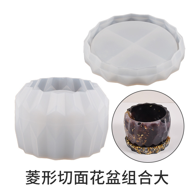 DIY Drip Glue Resin Gypsum Cement Storage Box Round Diamond Cut Surface Flower Pot Bottom Support Silicone Mold