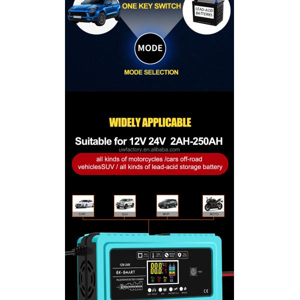 Fast Charging Speed 7-Stage Auto Lead Acid Battery Charger 12V 6A 24V 3A for LiFePO4 Lithium 12V/24V Motorcycle Battery