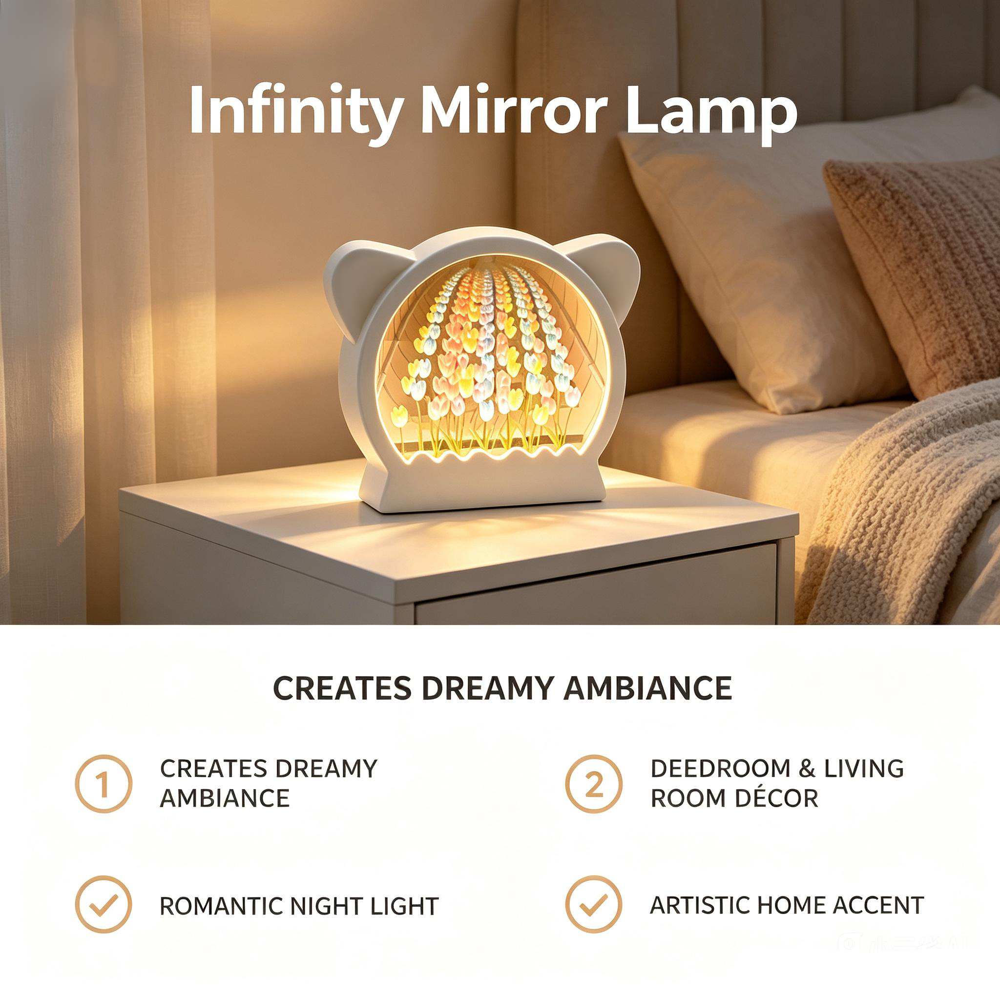 Cat Ear Tulip Infinity Mirror Night Light 3D For Bedroom Decor Birthday Valentine Gift