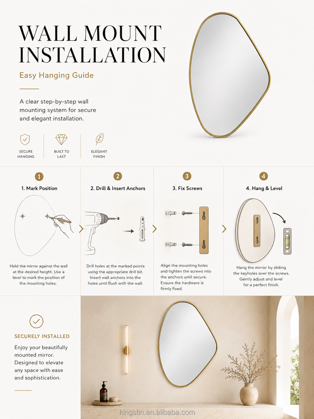 Kingstin Custom Irregular LED Bathroom Mirror, Asymmetrical Backlit Vanity Mirror, Gold Frame Pebble Wall Mirror