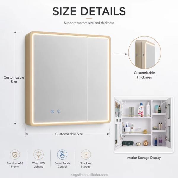 Kingstin Custom ABS LED Mirror Cabinet for Modern Bathrooms | 3 Color Light, Defogging, Bluetooth, Optional Android