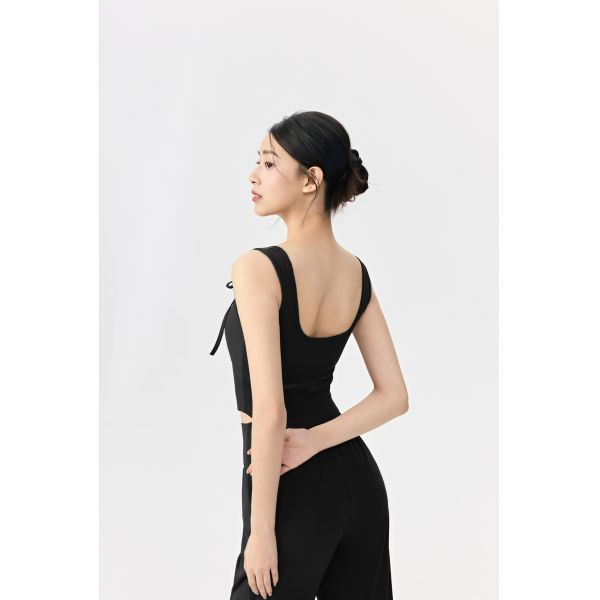 Women's Ribbed Knit Crop Tank Top with Bow Detail Black Sleeveless Activewear for Yoga and Casual Wear
