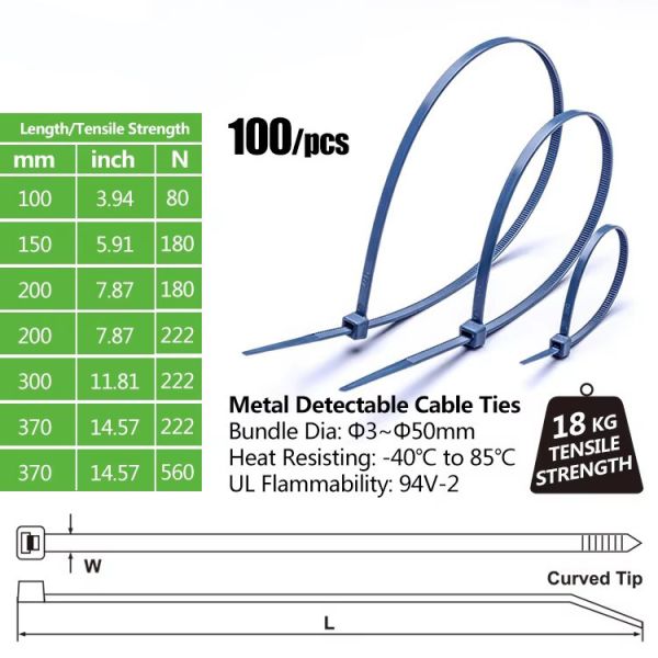 Metal Detectable Nylon Wire Ties 100-370mm Plastic Wire Straps Zip Ties X-ray Inspections Cable Tie