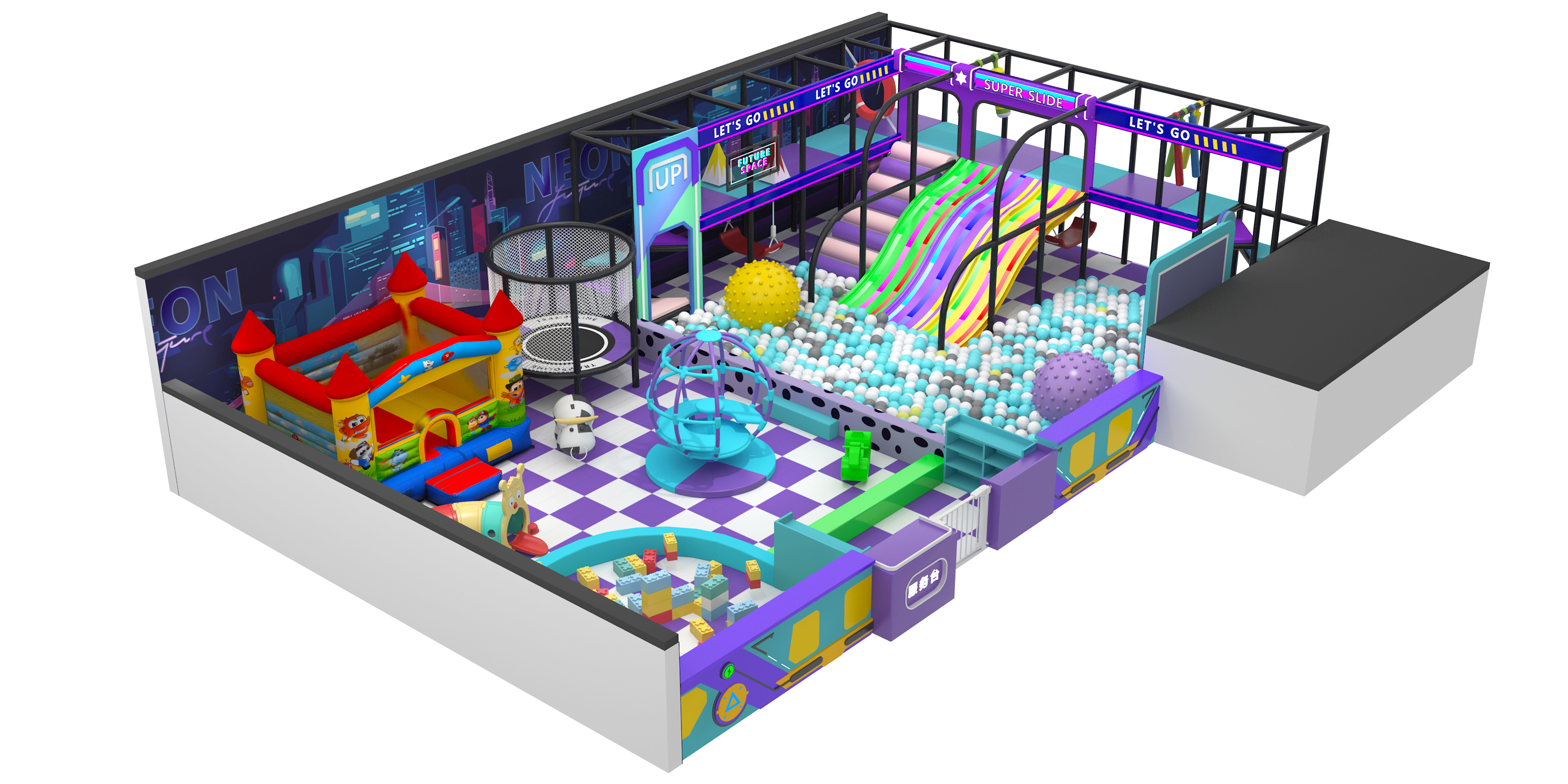 Future Space Neon Themed Indoor Soft Play Castle | Multi-Level Commercial Toddler Playground