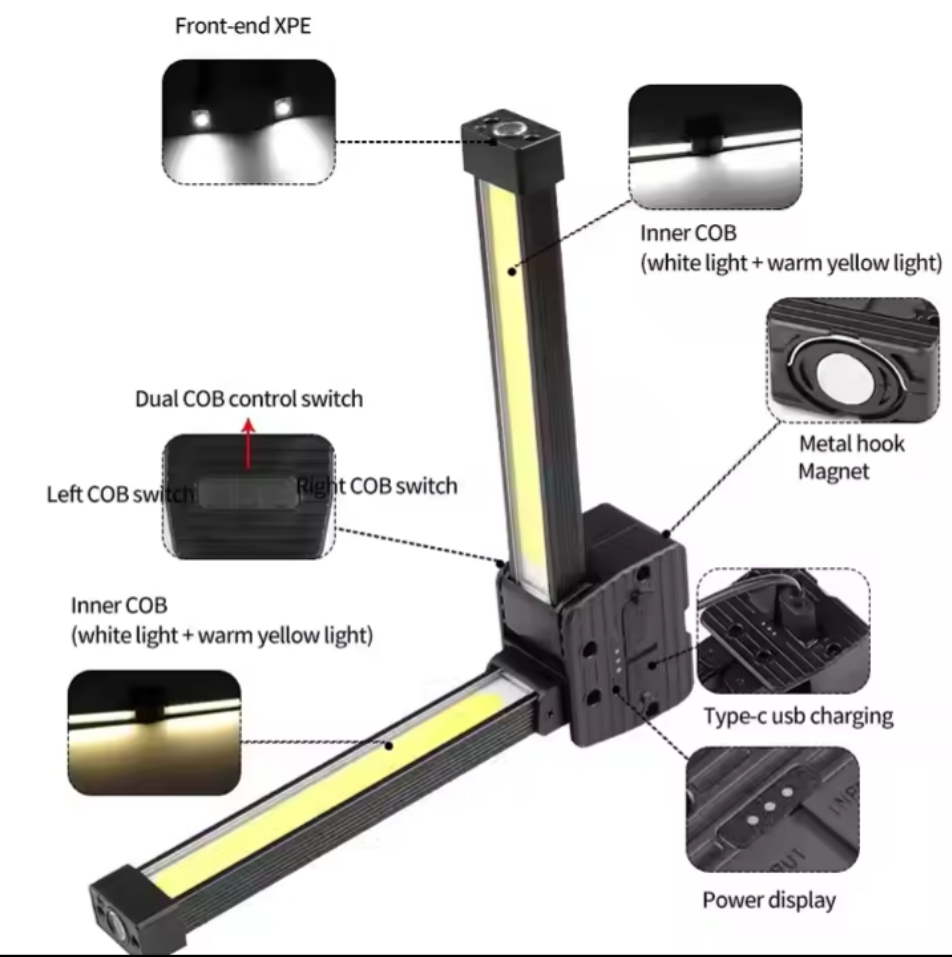USB Rechargeable Magnetic 7th Gear Dimming Gym Lamp for Posing Handheld COB Work Light With 180 Degree Folding