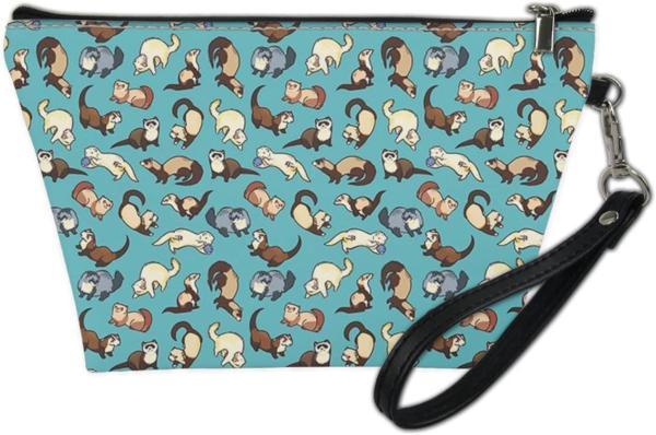 Cute Ferrets Print Small Zipper Makeup Bag with Strap Water Resistant PU Leather  Cosmetic  Bag
