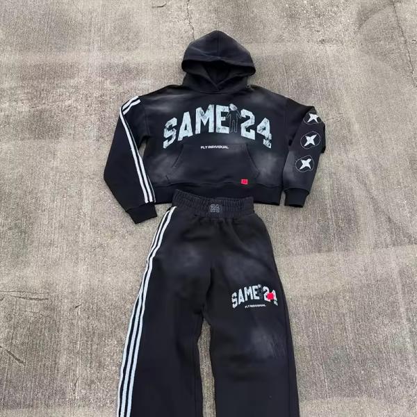 Sweat à swets à écran sur mesure Sweins Sweins Sweet Acid Wash et Pantalons à rayures Sport Jogger Ensembles de surdimen