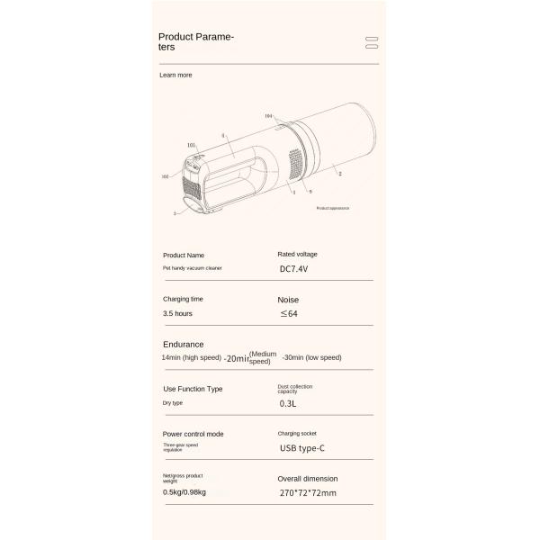 Pet Hair Brush Household 5 in 1 Cordless Handheld Vacuum Cleaner with ABS Aluminium Alloy Body and More