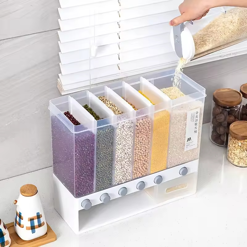 Press-Type 6 Grid Cereal Dispenser Wall Mountable Countertop Grain Storage Box for Rice Dry Foods