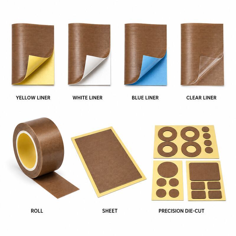Brown PTFE Tape with Release Liner / Liner-Backed PTFE Tape / PTFE Glass Cloth Tape with Silicone Adhesive and Yellow Release Paper for Die Cutting, Heat Sealers and Guides
