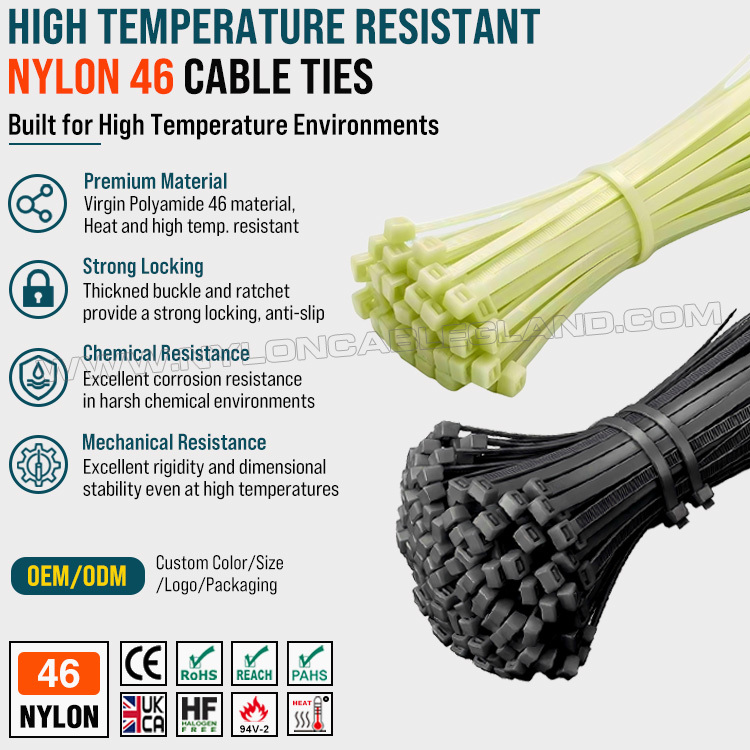 China OEM Manufacturer of Nylon 46 (Polyamide 46, PA46) High Temperature Cable Ties High Heat Resistant Nylon 46 (Polyamide 46, PA46) Cable Tie, 300mm x 7.6, 130LBS / 560N, For High Temperature Environments