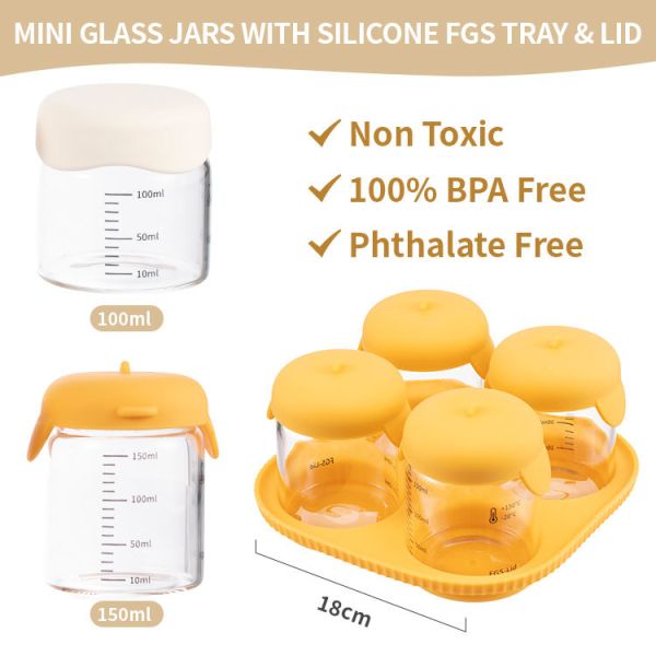 IKOO Factory Wholesale Baby Food Glass Containers and Silicone Baby Food Freezer Tray with Clip-on Lid