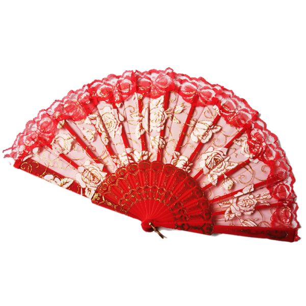 Spanish Translucent Lace Rose Fan Gilded Wing Chun Dance Fan European Style Fabric Silk Folding Hand Fan