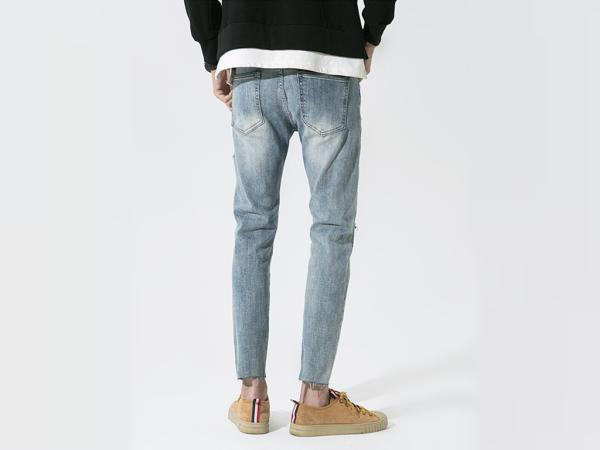 28-36 Lignt Blue Jeans Men'S Denim Pants With Rips Slim Fit Cotton Fabric