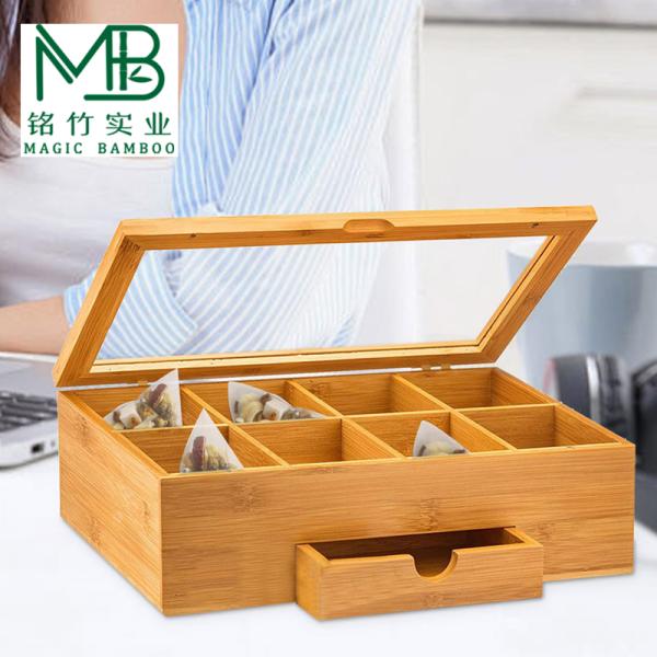 Bamboo Multi-Compartment Organizer With Clear Side Drawer Cover For Kitchen