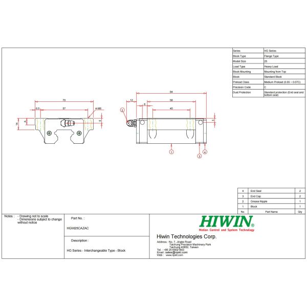 Glissière linéaire HIWIN HGW25CC, bloc de mouvement linéaire de 25 mm pour CNC