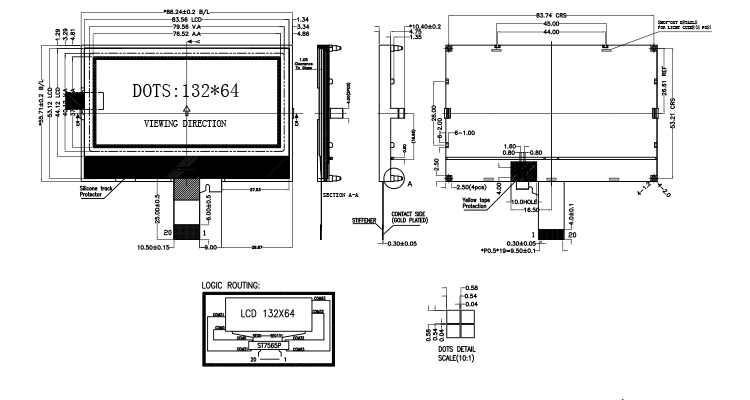 132x64 FSTN Screen COG LCD Module Monochrome Graphic LCD Display with 20 Pin Green Backlight