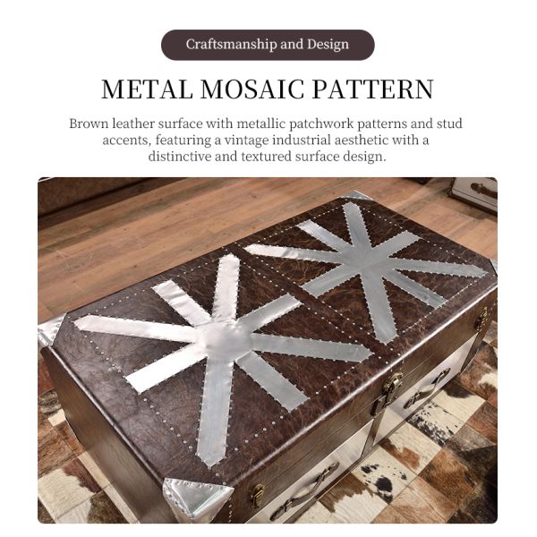 Nidea #8627 Vintage Industrial Coffee Table Double Drawers Aluminum Rivet Union Jack Crackle Leather Cabinet-Style Wooden Base Hotel Loft