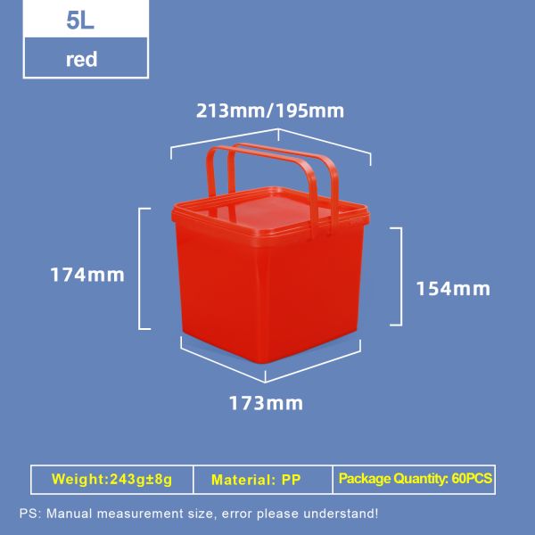 5L Plastic Square Bucket With Dual Handle and Lid Food Grade PP Container
