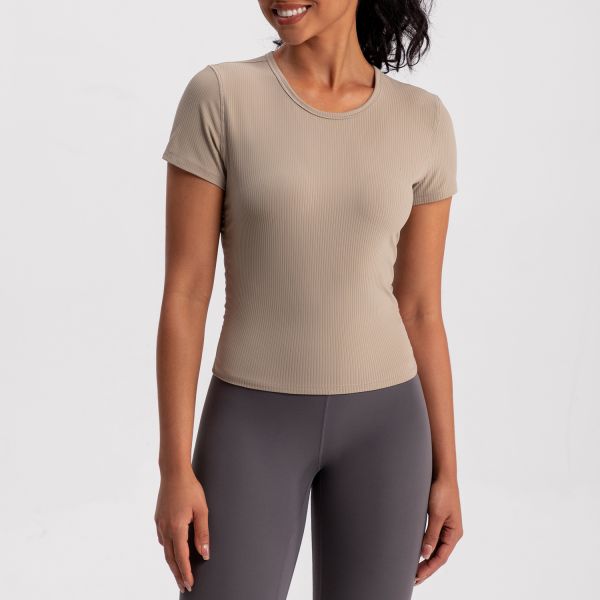 Ribbed Short Sleeve Women Activewear Tops Beige Slim Fit Moisture Wicking