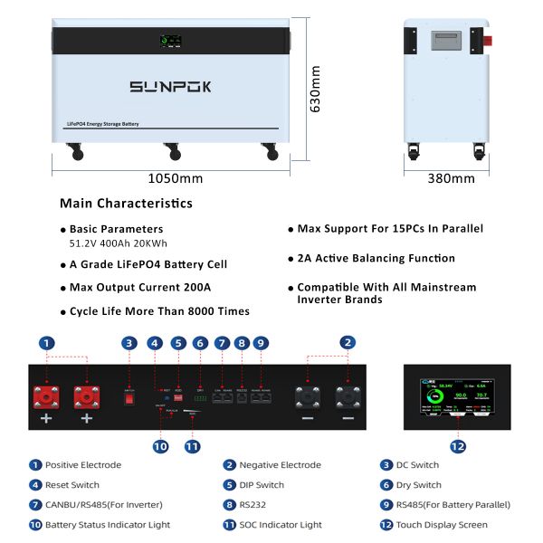 SUNPOK 20KWh 51.2V 20kW 400Ah LiFePO4 Stackable Hybrid Grid Solar Energy Storage Battery Pack for Household Use
