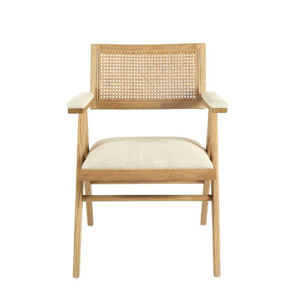 Chaise de salle à manger avec dossier en rotin naturel, coussin en coton/lin rembourré et accoudoirs élégants