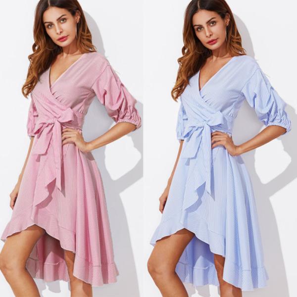 Vestido recolhido assimétrico das riscas do envoltório da sobrepeliz da luva para mulheres