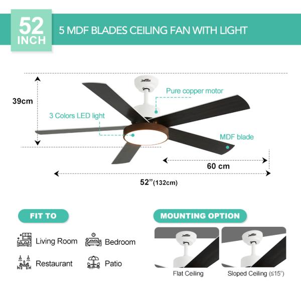 Ventilador de teto LED de controle inteligente com lâmina de MDF de 52 polegadas e potência de motor de 35/60W