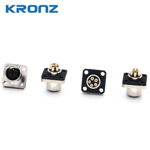 M12 Panel Mount Female Connector with Square Flange, IP67 Protection, Gold-Plated Contacts, IEC 61076-2-101 Standard