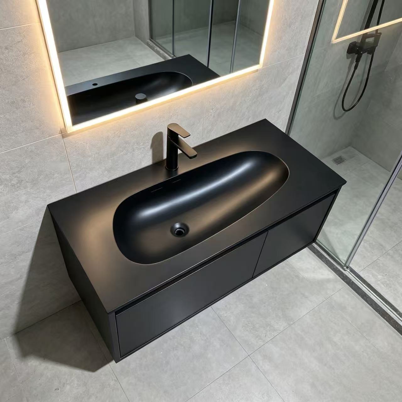 BLACK SOLID SURFACE INTEGRATED FLOATING VANITY WITH CURVED BASIN,BLACK SOLID