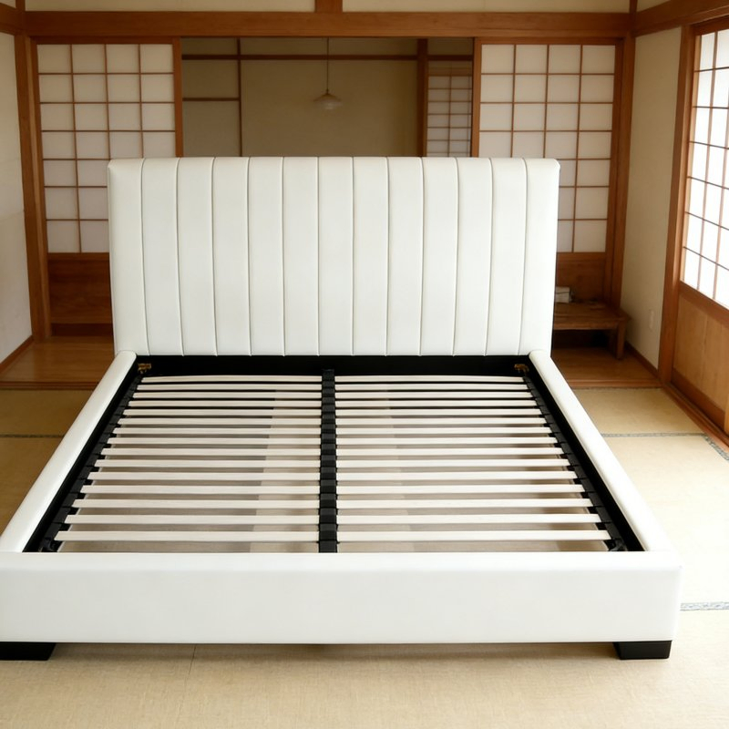 Sturdy Solid Frame Cream Upholstered Platform Bed with Slatted Base