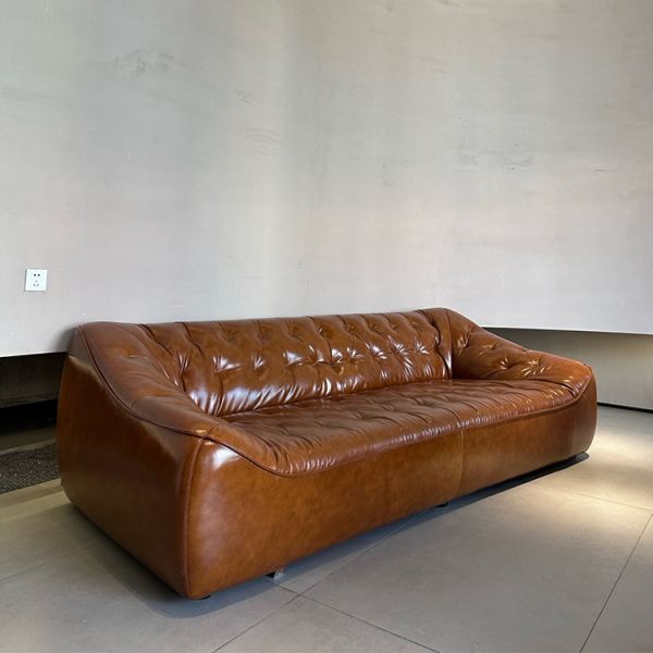 Vintage Brown Leather Couch Set Pine Wood Frame Leisure Sofa Sectional for Villa