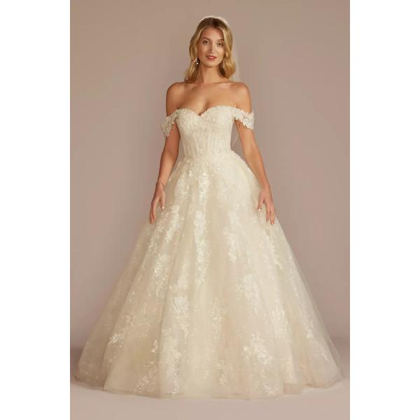 Stunning Off-the-shoulder Lace-up Princess Sweetheart Removable Swag Sleeves Chapel Train White Lace Bride Wedding Dress