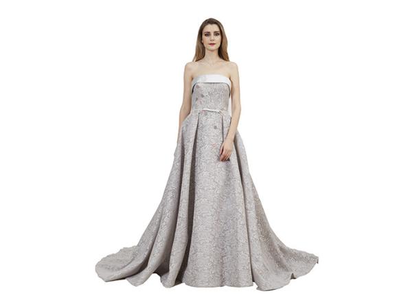 Sliver Lace Material Muslim Evening Dress / Strapless Maxi Prom Dress