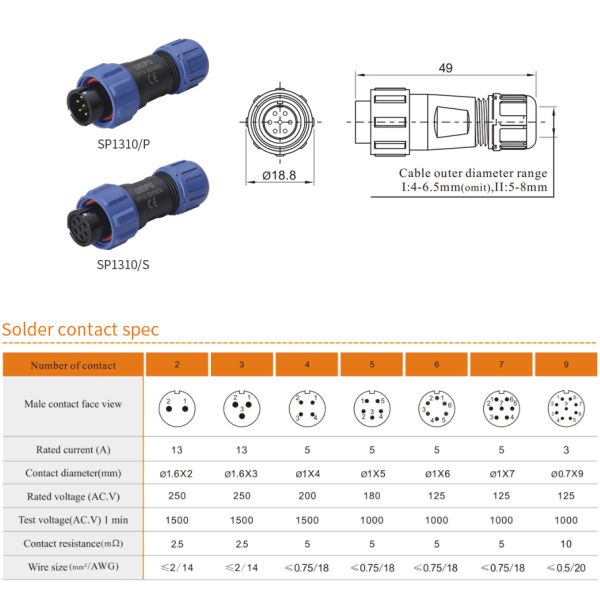 WEiPU SP13 Plastic M13 Waterproof Circular Power Plug Socket Wire Joint Connector 2 3 4 5 7 9Pin for Solar Audio Visual System