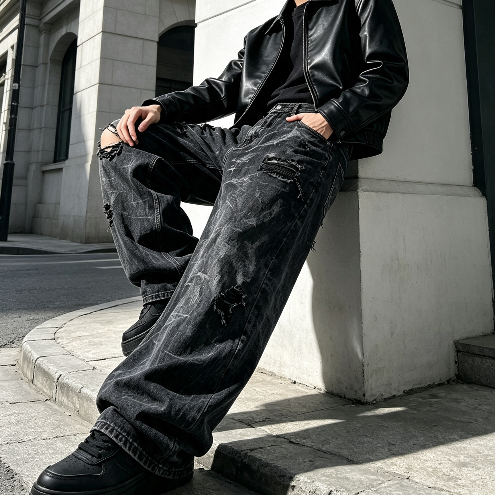 Distressed Mid Rise Wide Leg Jeans Straight Fit Men's Jeans Black Gray