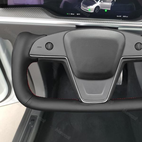 Custom Hand Stitching Black Smooth Leather Steering Wheel Cover for Tesla Model S X 2021 2022 2023