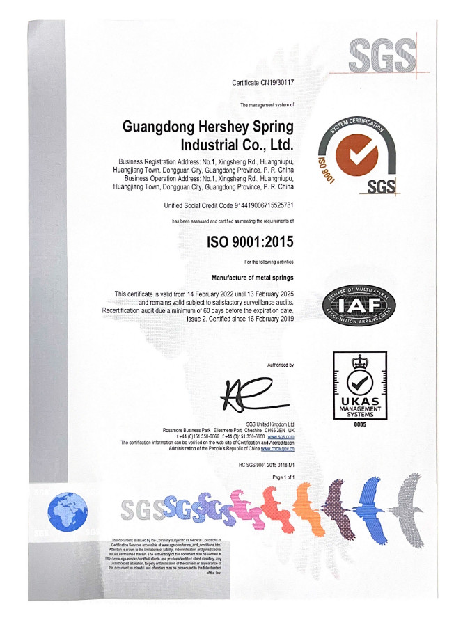 Guangdong Hershey Spring Industrial Co., Ltd  Сертификации
