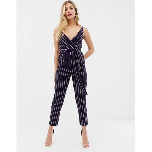 OEM wholesale girls wrap jumpsuit with self belt in navy stripe