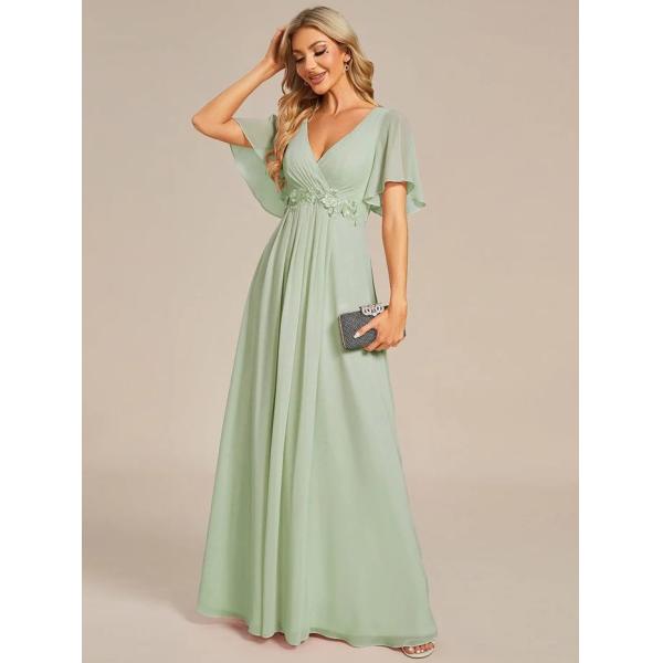 Sexy Empire Applique A-line Short Flutter Sleeves V-neck Invisible Zipper Burnt Orange Chiffon Evening Dress