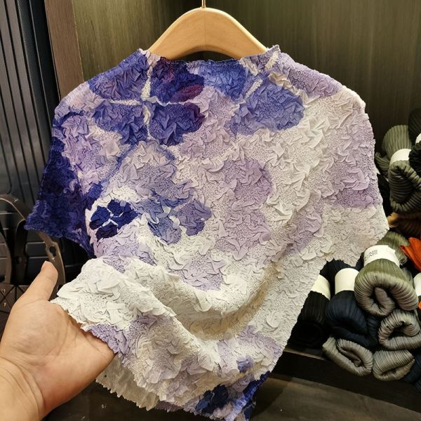 Design Gradient Printed Spring Summer New Elegant Casual Top Half-High Collar Short-Sleeved T-Shirt Loose Pleated