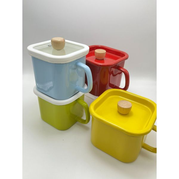 Carbon Steel Eco Friendly Enamelled Metal Square Noodle Pot Soup Pot Pasta Noodle Cereal Bowl Cup Lid Handle 12cm 14cm 15cm