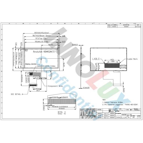 4.3 дюймовый Innolux LCD Модуль Панель 480*3RGB*272 TFT Дисплей АнтиОблеск Цифровой